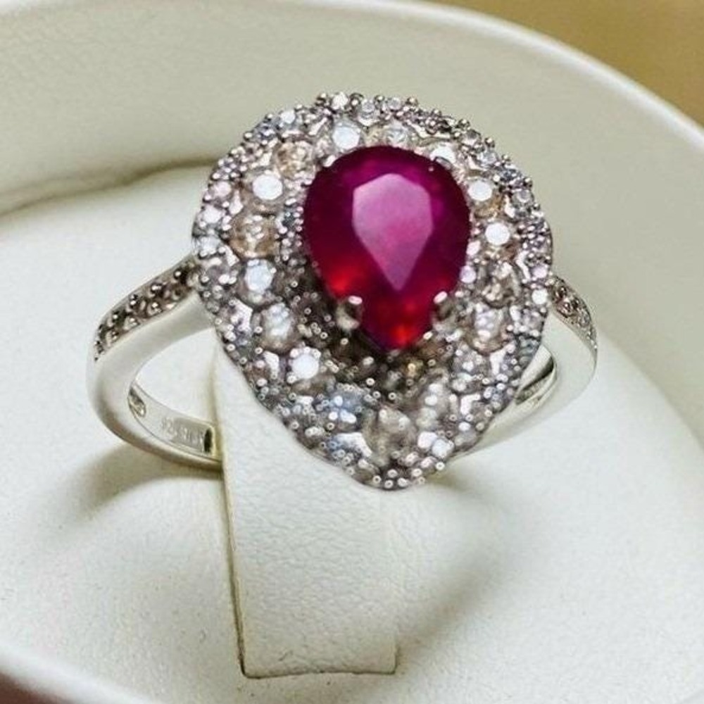 Colleen Lopez "Regal Glow" Ruby & White Zircon‎ Pear Shaped Ring Sterling Sz 11